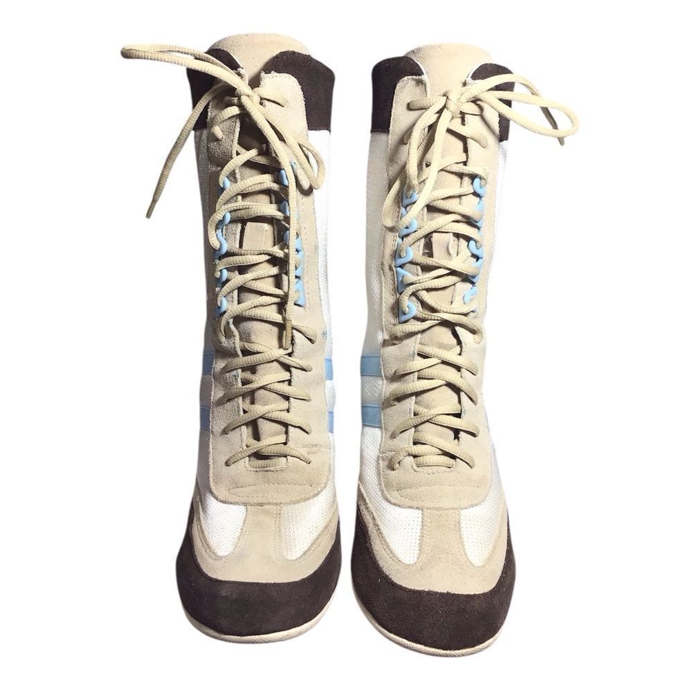 Baker’s Y2K Suede Nylon High Heel Ankle Boots Stylish Beige and Brown Size 8 1/2